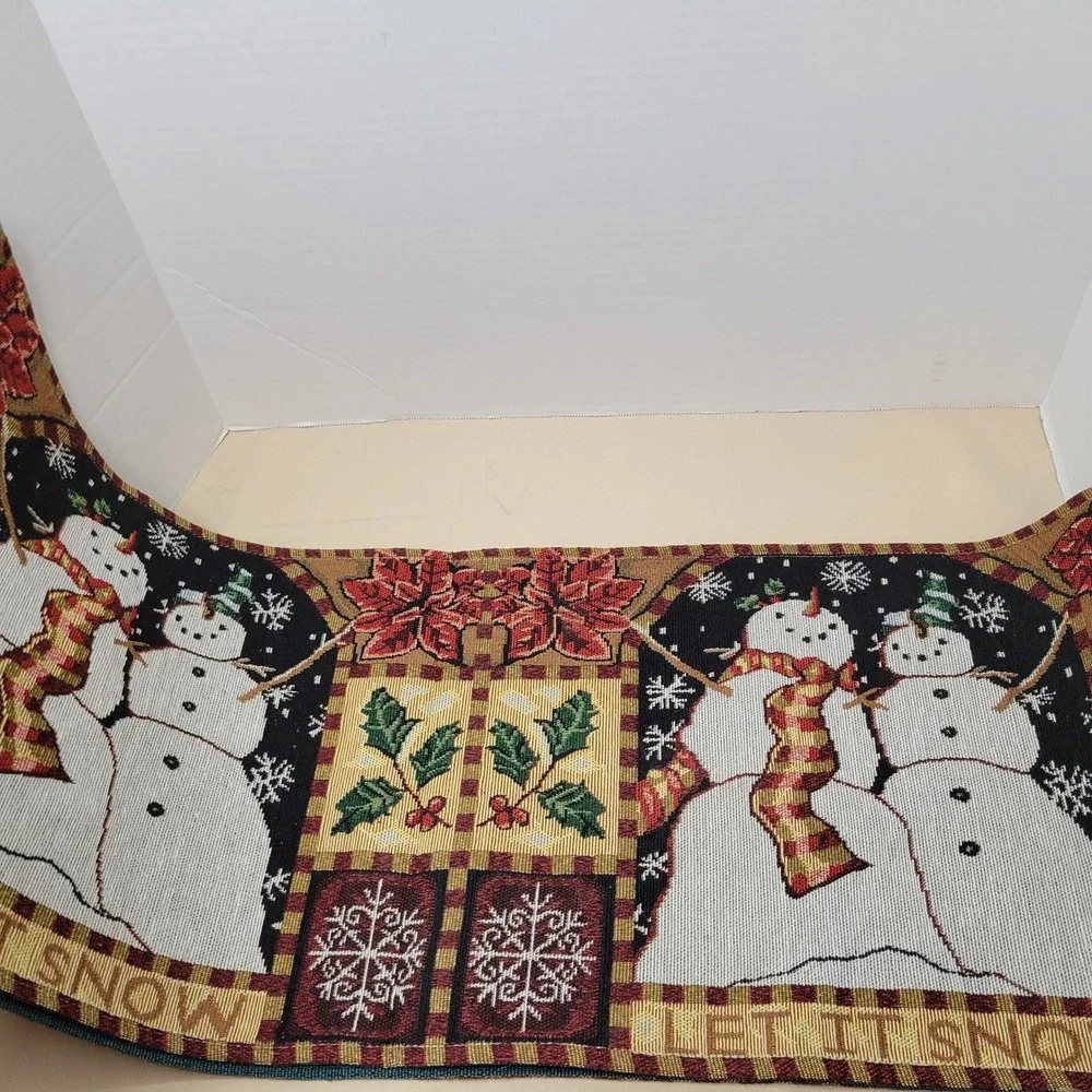 Christmas Snowman Woven Tapestry Table Runner Let It Snow Holiday Decor Red Gold